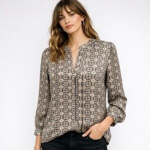 Brooks Brothers Women Shirt Tan Black Geometric Medallion Pleated Satin Blouse 6